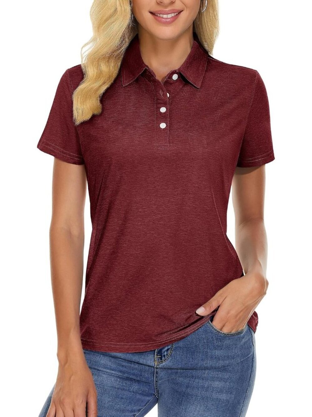 Women Wine Red Short Sleeve Golf Shirts 4-Button Quick Dry Collared Top forGym